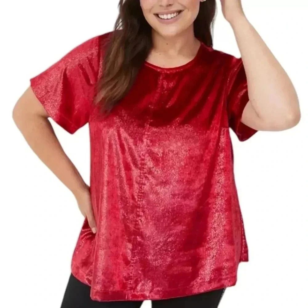 Lane Bryant Womens Red Shimmer Top Holiday Short Sleeve Soft Velvet Plus Size 22